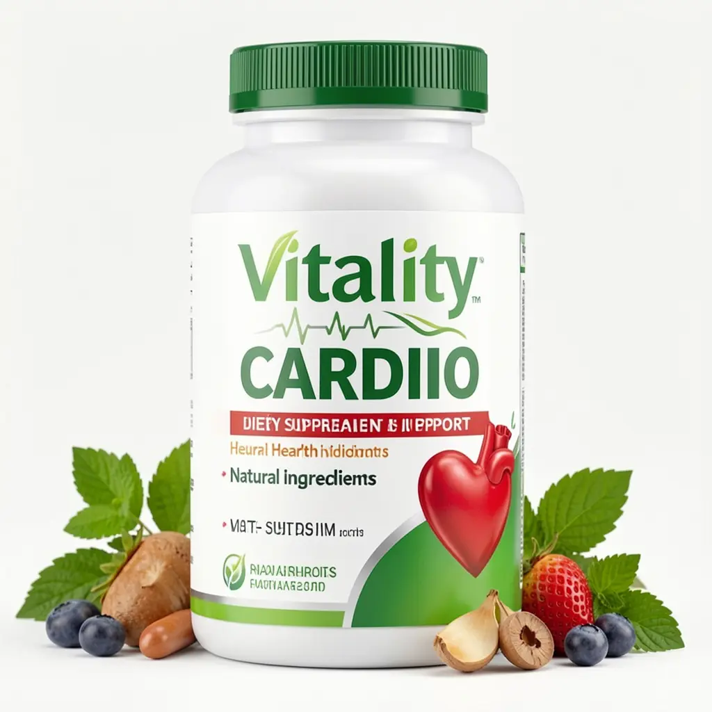 Vitality Cardio dietary supplement bottle with natural ingredients for heart health support